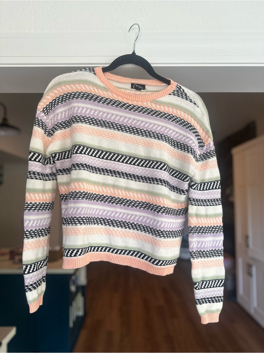 Art Class Pastel Stripe Crewneck Sweater in Peach, Lavender & Black size 14/16